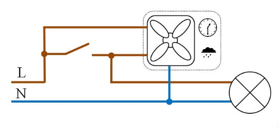 Схема включения вентилятора в санузле с раздельным пуском